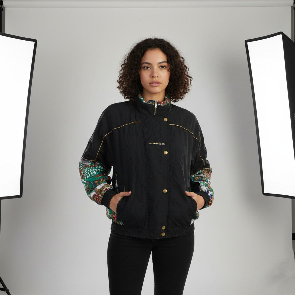 Vintage Women 42/44 M Jacket Black Shiny Nylon Italy Bomber Sport Top