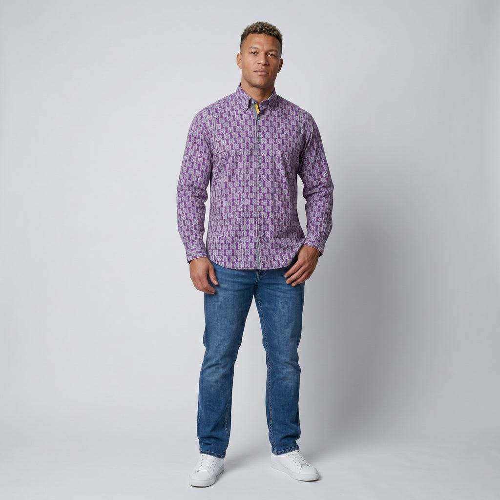 Robert Graham Mens XL Casual Shirt Purple Cotton Trim Silk Long Sleeve Classic Fit