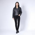 Miss Joy Women 38 M Jacket Black Leather Biker Cropped Snaps Vintage Shoulder Pads Top