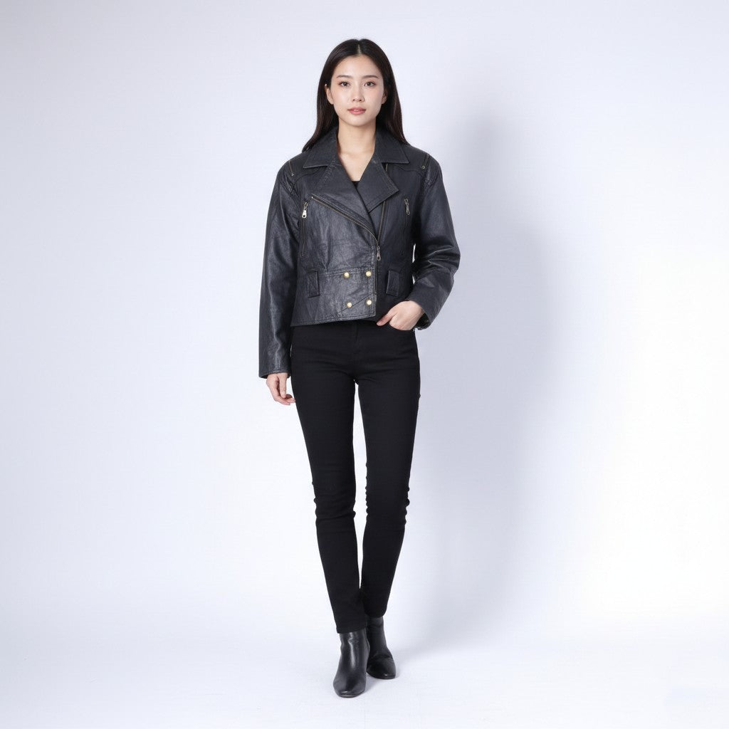 Miss Joy Women 38 M Jacket Black Leather Biker Cropped Snaps Vintage Shoulder Pads Top