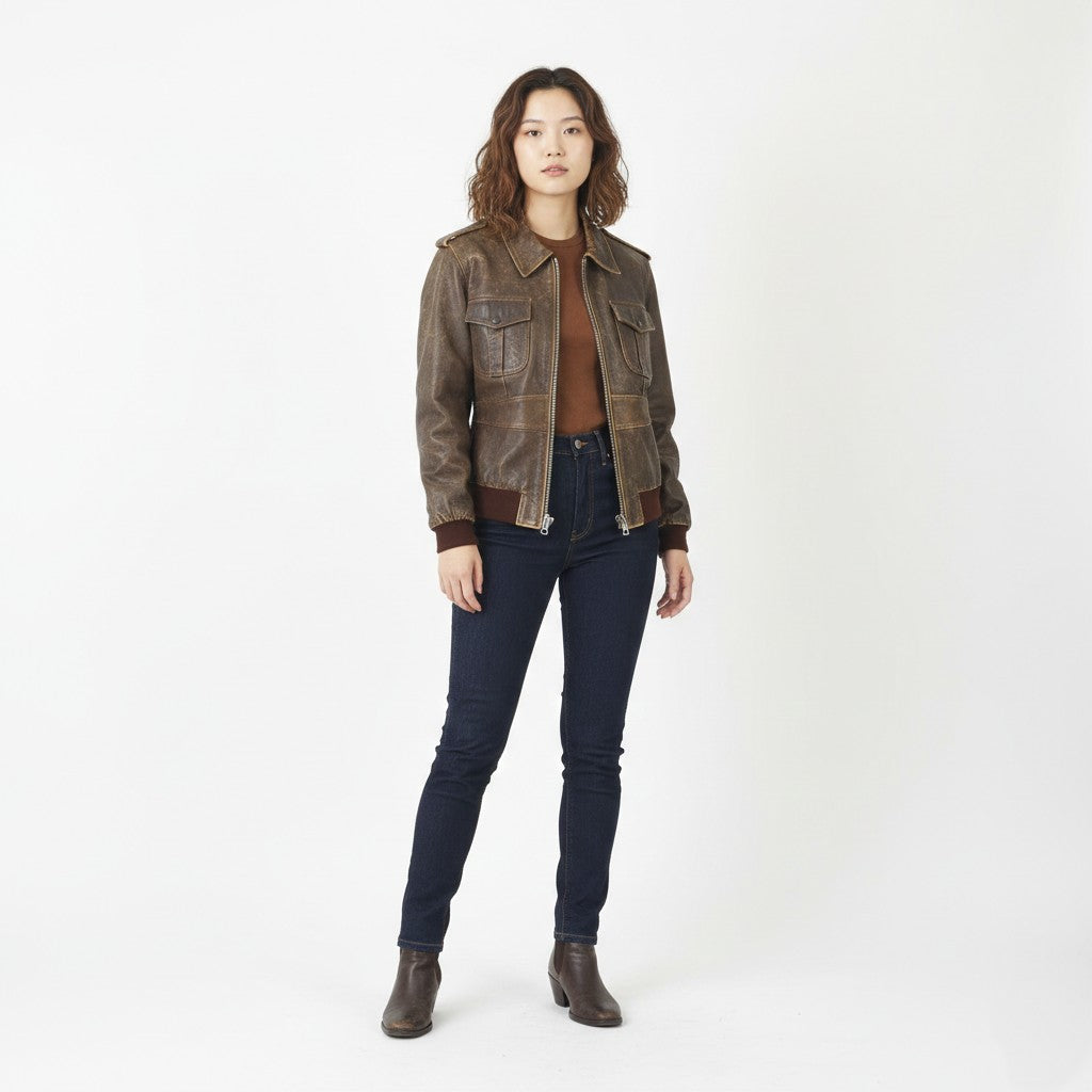 Zoomp Women M (S) Jacket Brown  Leather Vintage Biker Full Zipper Pilot Top