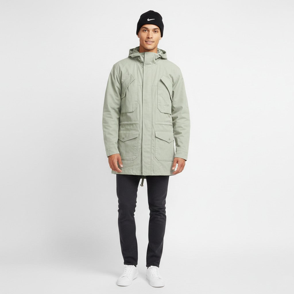 Nike Men M 178 (S) Jacket Khaki Cotton Military Parka Hooded Outdoor Zip Up Top