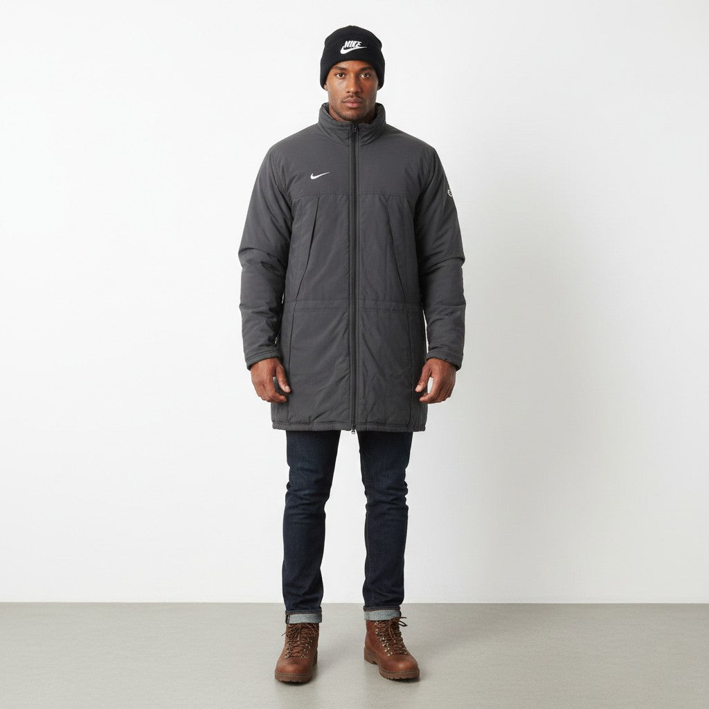 Nike Team Men L 183 Jacket Grey Nylon Waterproof Padded Warm Long Zip Up Top