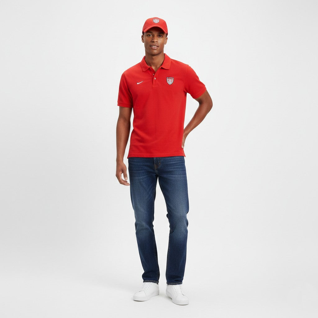 Nike Team Men L Polo Shirt Red Cotton USA Football Short Sleeve Vintage Top