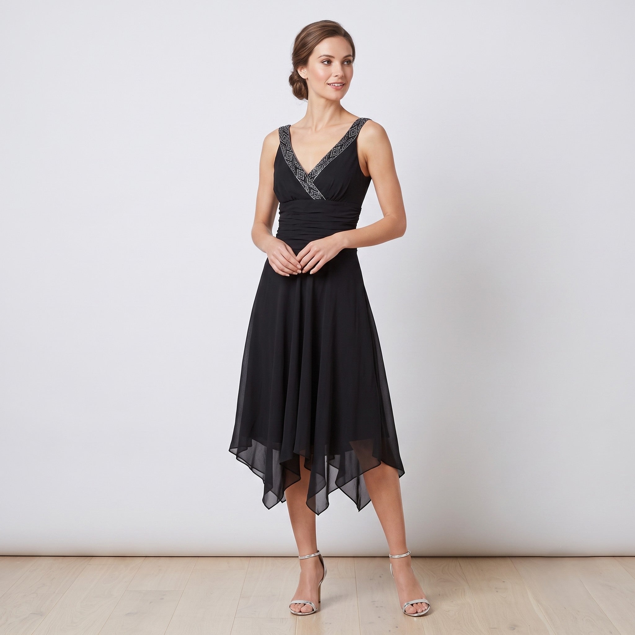Donna Ricco New York Women 6 XS Midi Dress Black Sleeveless Silk Sequins