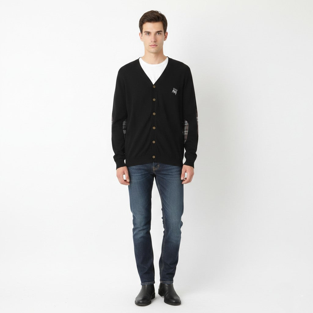 Munk Club Men S Cardigan Black Wool Nylon Blend Rugby Sport Patches Sweater
