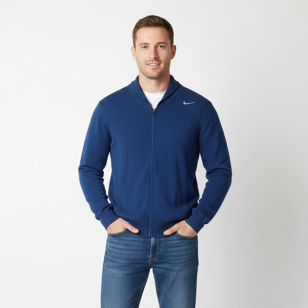 Nike Men L Sweater Navy Long Stretch Cotton Wool Blend Zip Up Cardigan