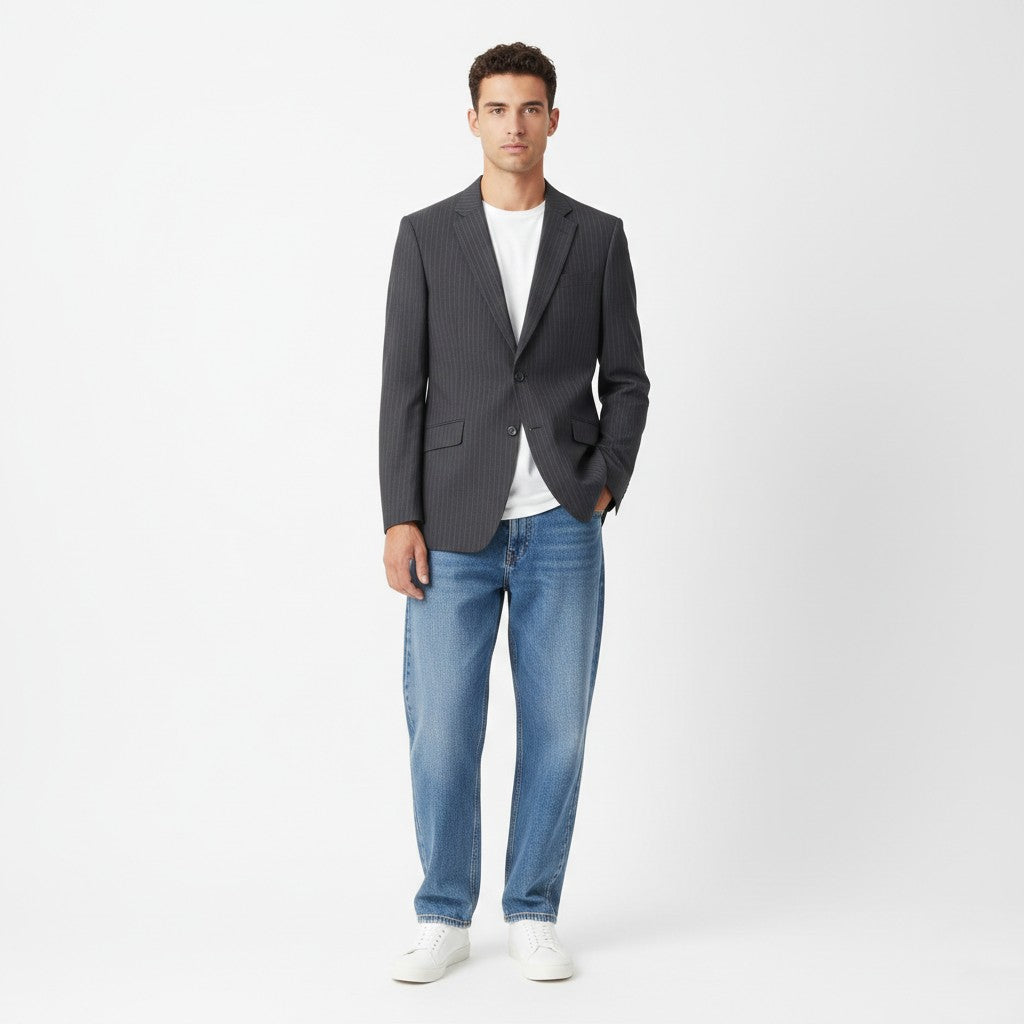 Jaeger Men 40 50 Blazer Graphite Wool Striped Single Breasted Jacket