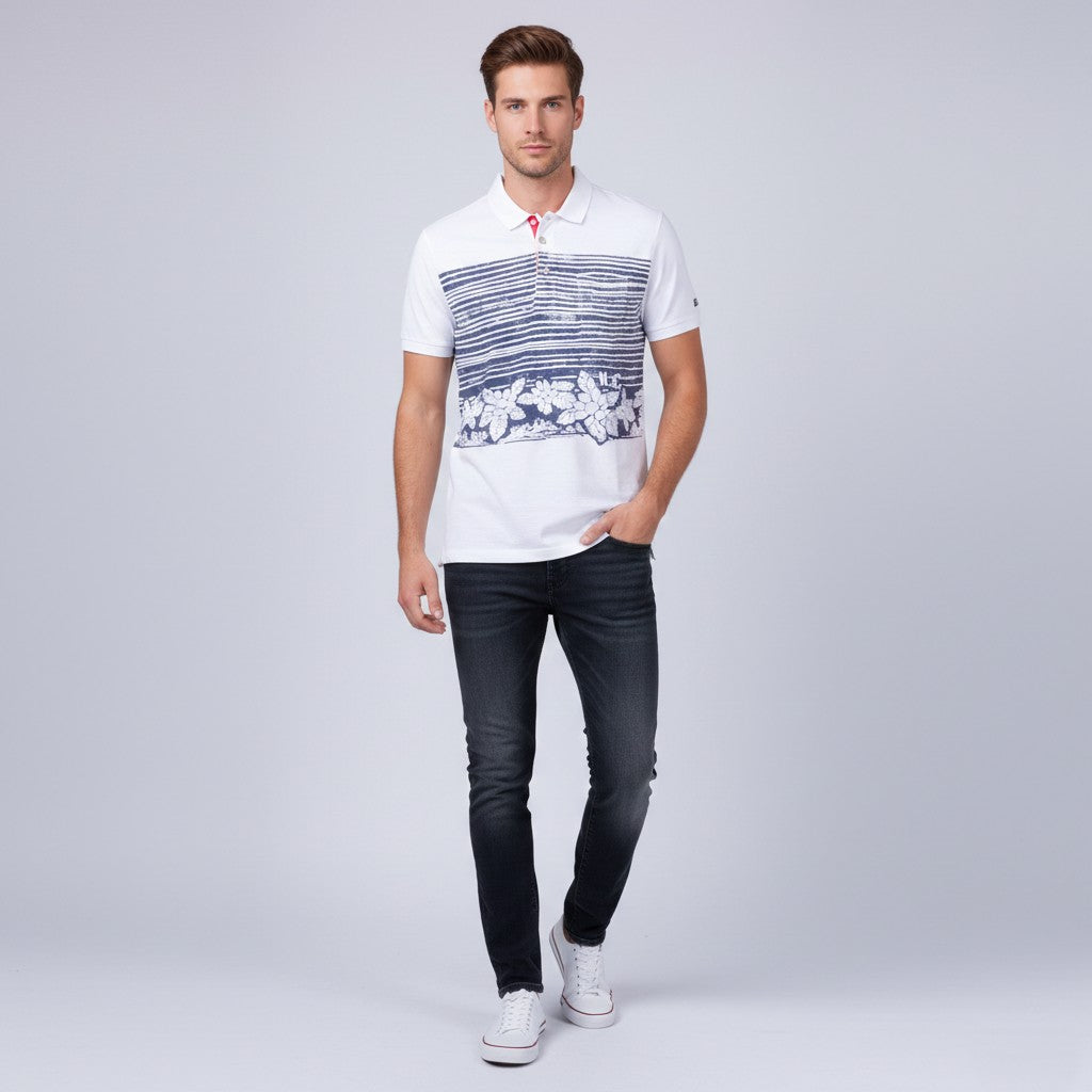 Nautica Jeans Co. Mens L Polo Shirt White Cotton Blue Summer Print Detailed Buttons