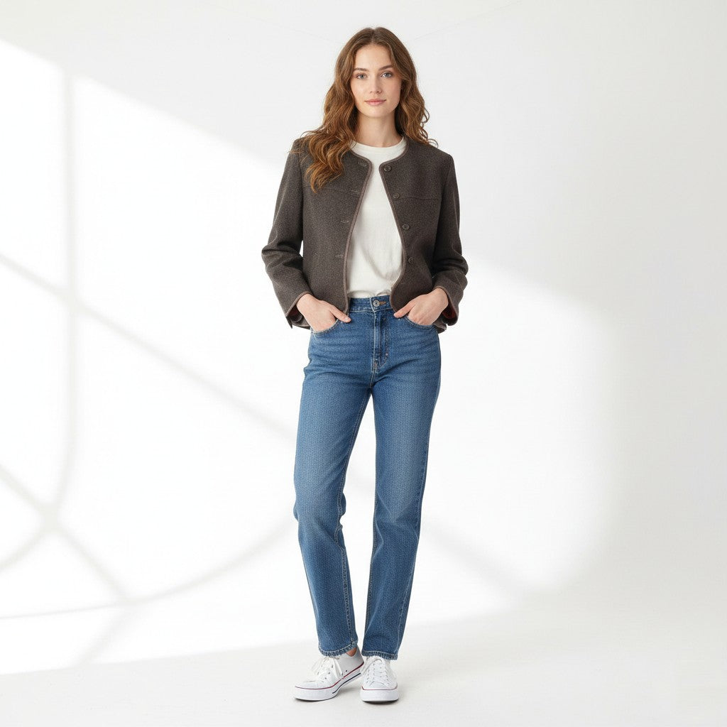 Jaeger Women 14 Blazer Grey Wool Vintage Shoulder Pads Cropped Jacket