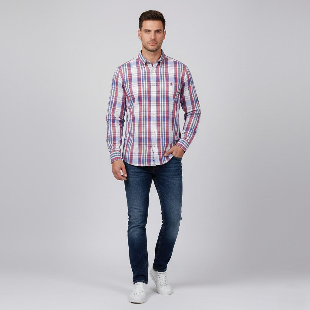Nautica Men L Casual Shirt Blue Check Heritage Fit 100% Cotton Long Sleeve Top