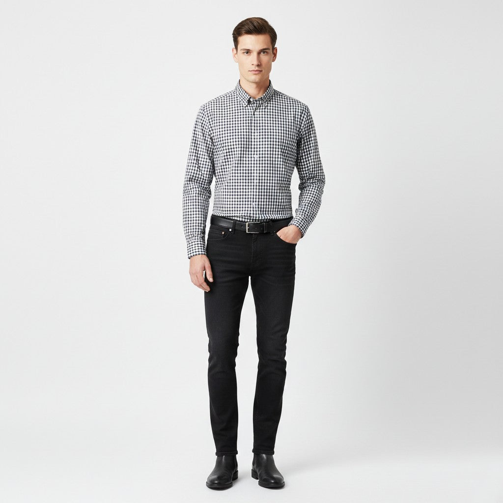 Jaeger Mens M Casual Shirt Black & White Check 100% Cotton Long Sleeve Top