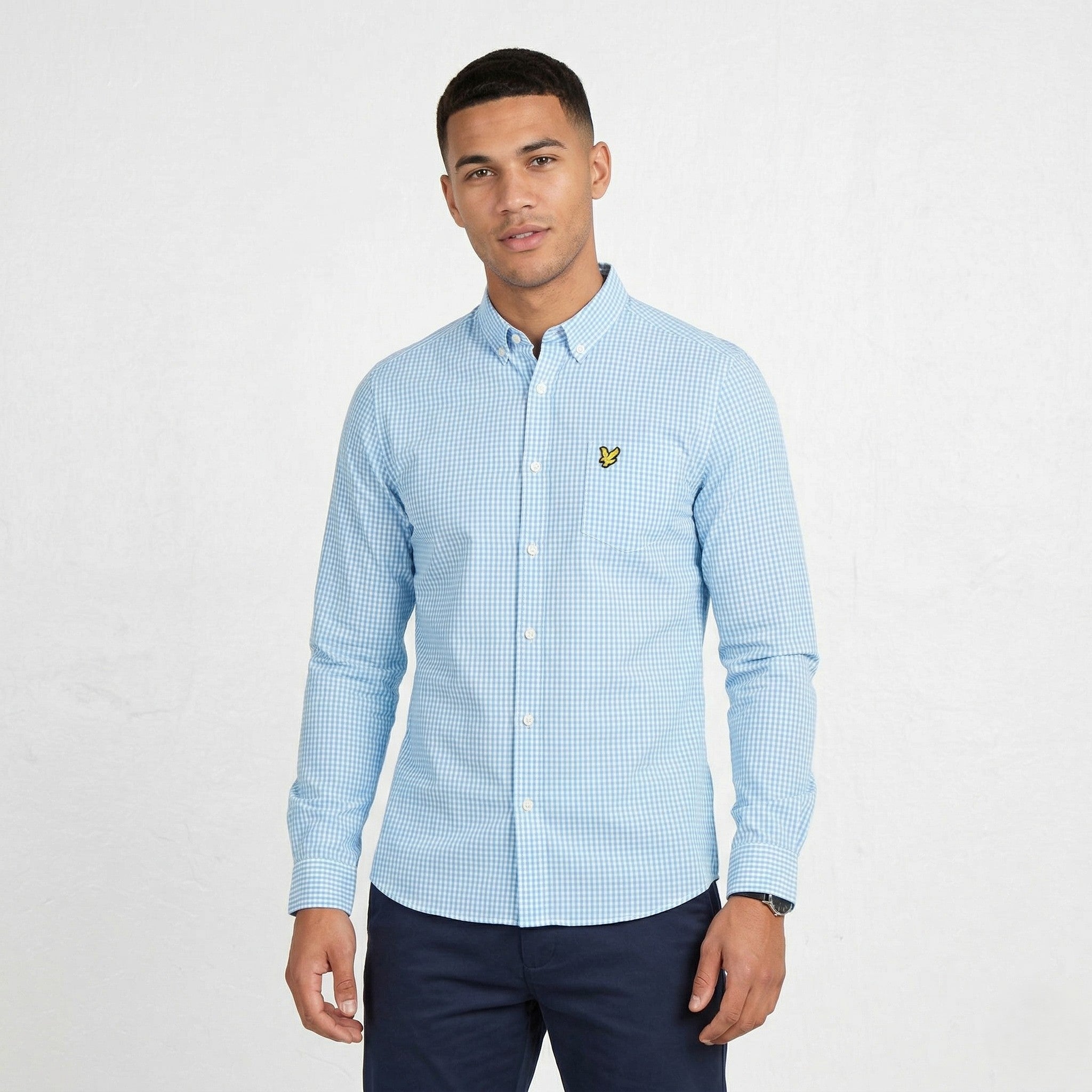 Lyle & Scott Men M Casual Shirt Blue Check Cotton Long Sleeve Pocket Top