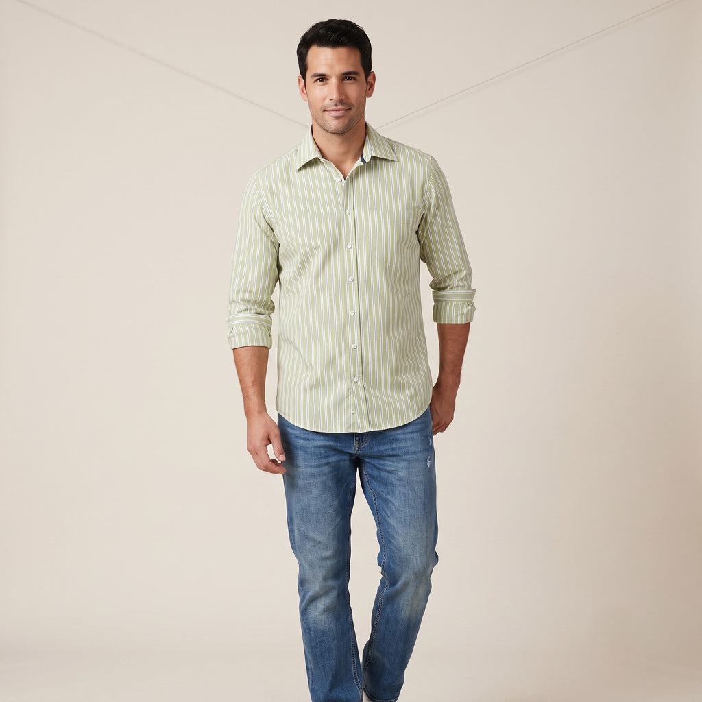 Tommy Hilfiger Men 39 15.5 M Casual Shirt Green Striped Cotton Long Sleeve Top