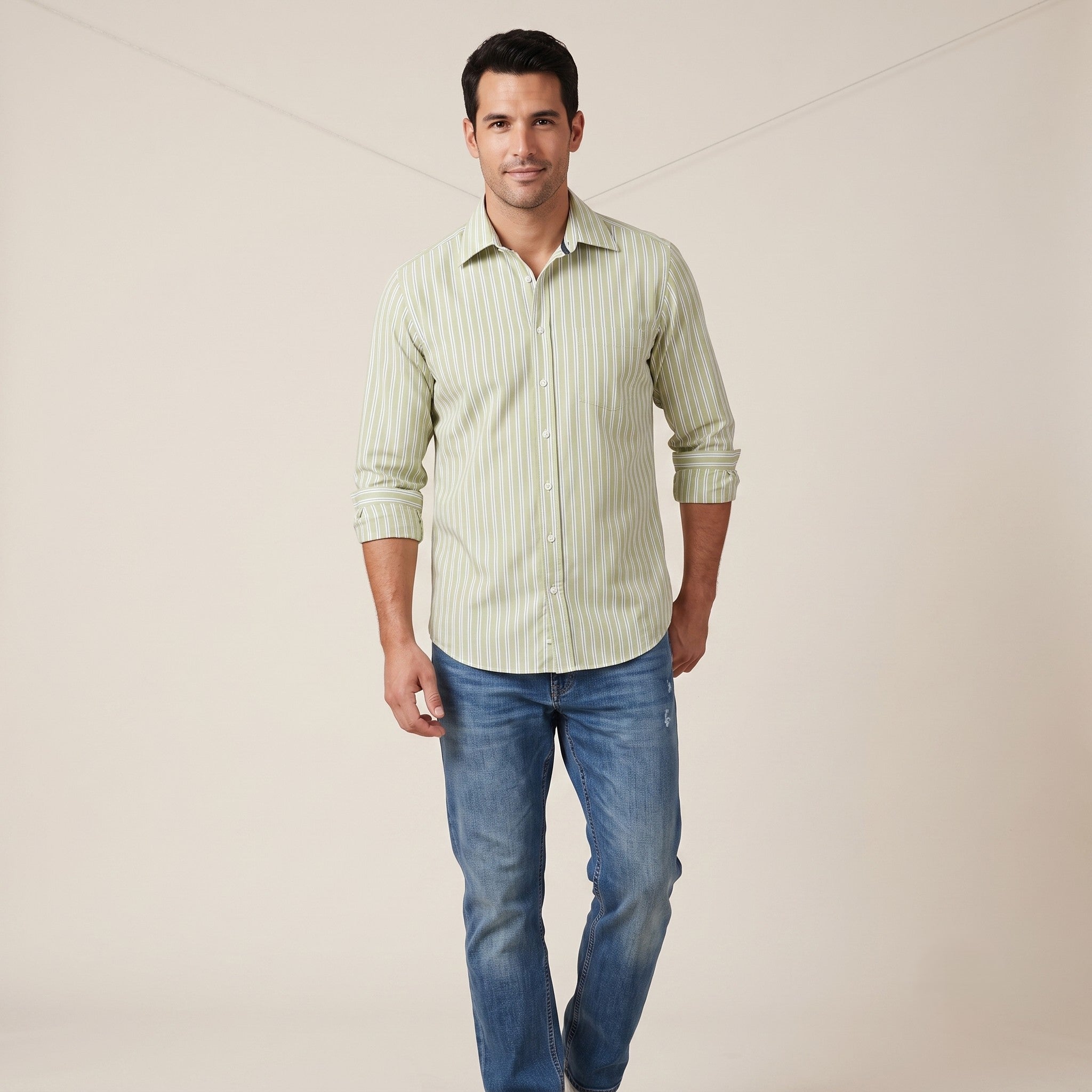 Tommy Hilfiger Men 39 15.5 M Casual Shirt Green Striped Cotton Long Sleeve Top