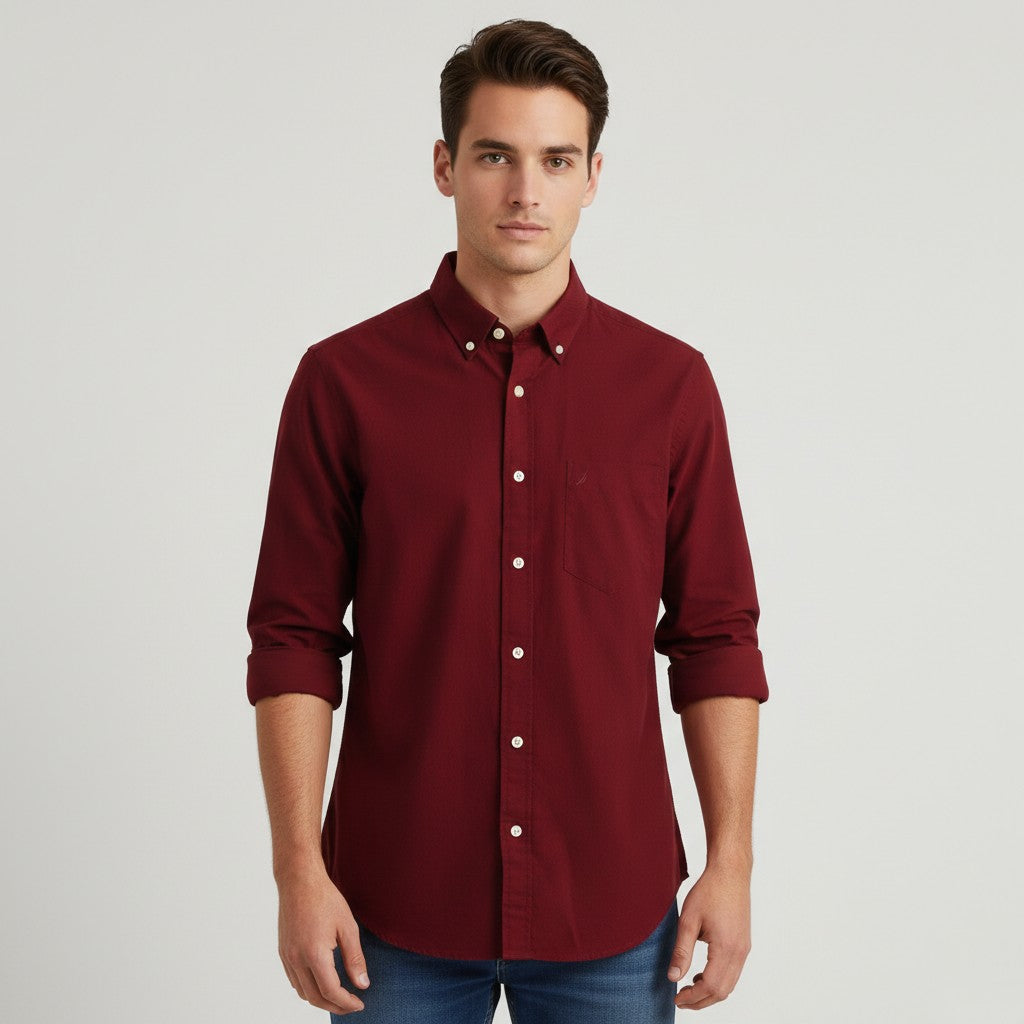 Nautica Men M Casual Shirt Maroon Cotton Classic Fit  Flex Long Sleeve Top