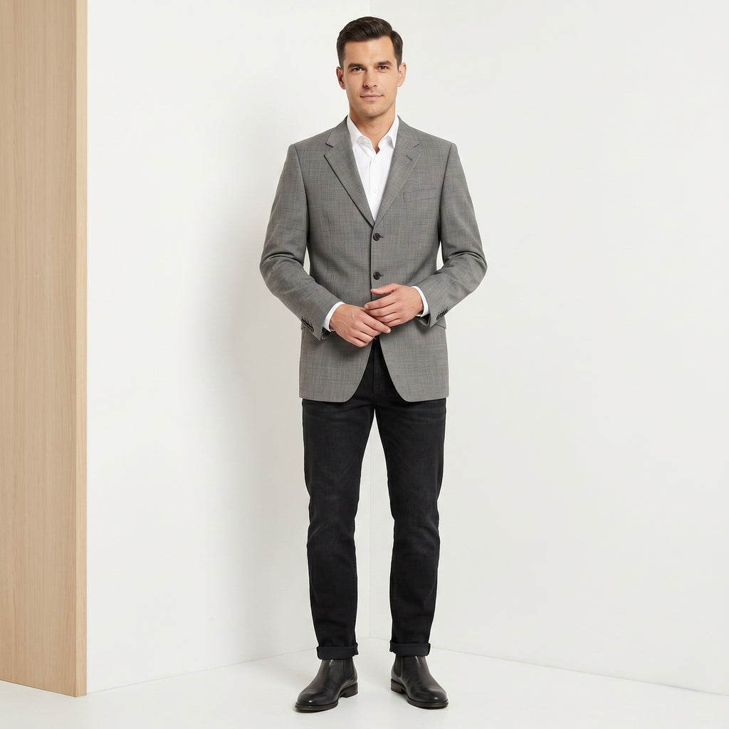 Jaeger Men 40 Long Blazer Grey Single Breasted Top Shoulder Pads 100% Wool Jacket