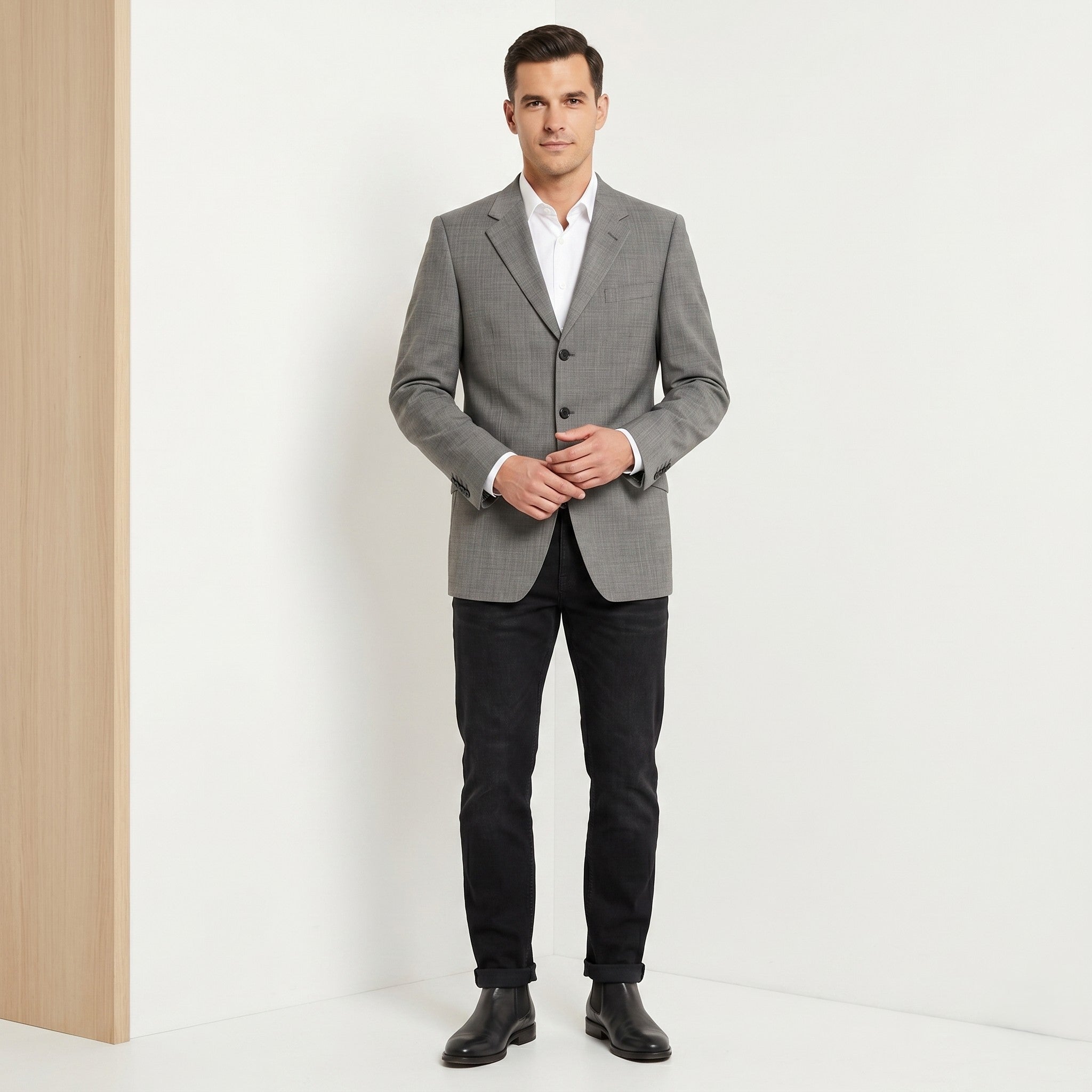 Jaeger Men 40 Long Blazer Grey Single Breasted Top Shoulder Pads 100% Wool Jacket