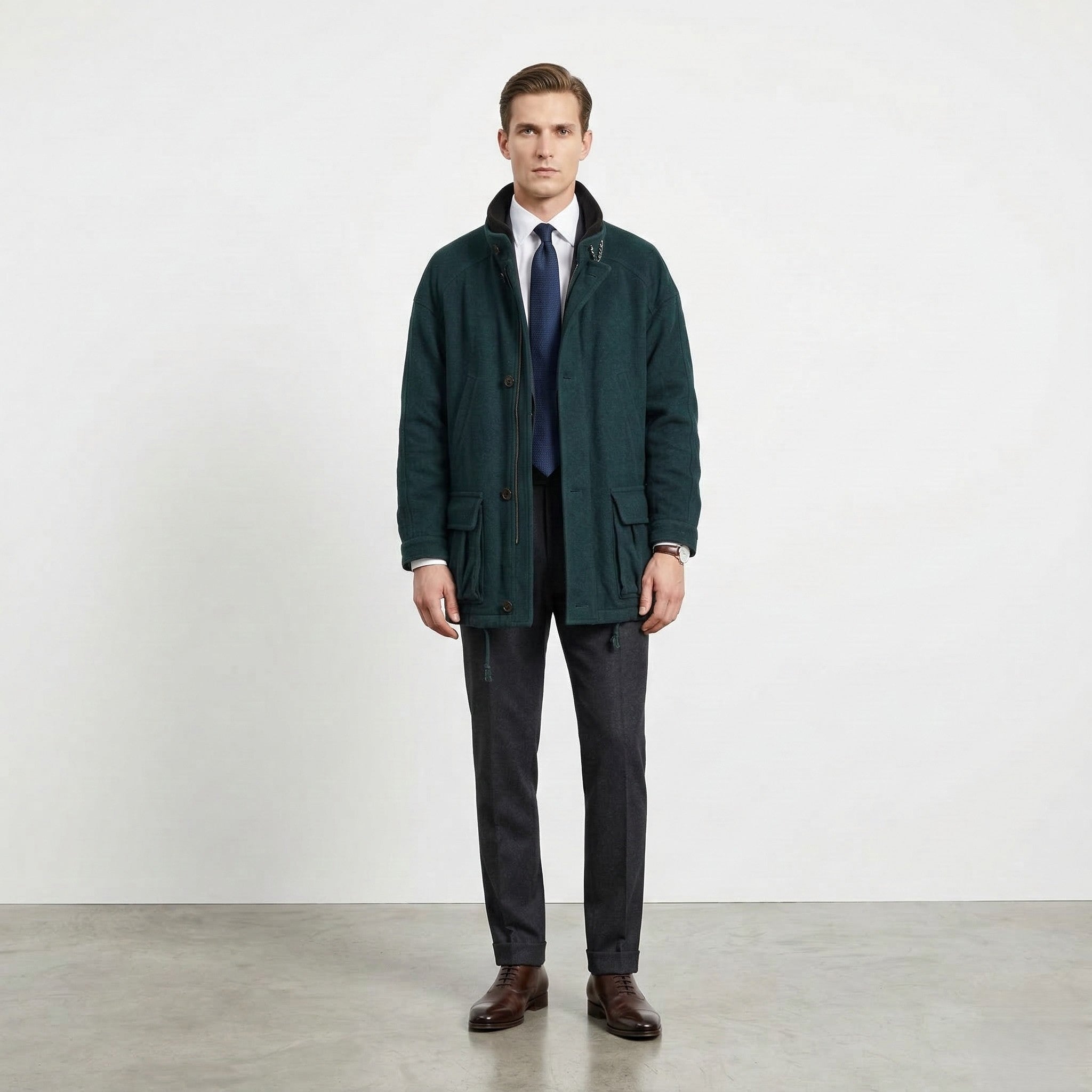 Wellington Men 44 L Coat Bottle Green Wool Cashmere Vintage Full Zipper Leisure Wear Top