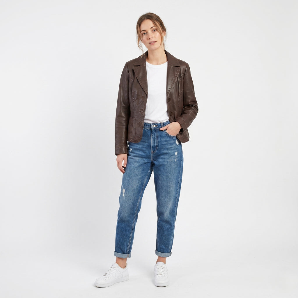 Madeleine Women 14 40 M Leather Jacket Brown Boho Western Single Breasted Blazer