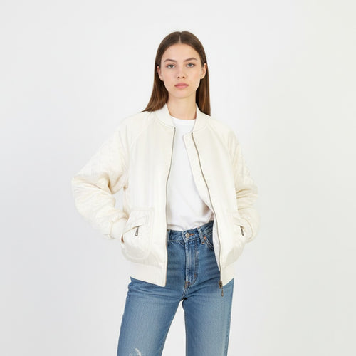 Bill Blass Jeans Women M Jacket Retro Cream Shiny Quilted Cotton Blend Pockets Zip Up Vintage Top