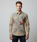 MONDO Men M Casual Shirt Beige Cotton Lycra Emroidered Knight Long Sleeve Top