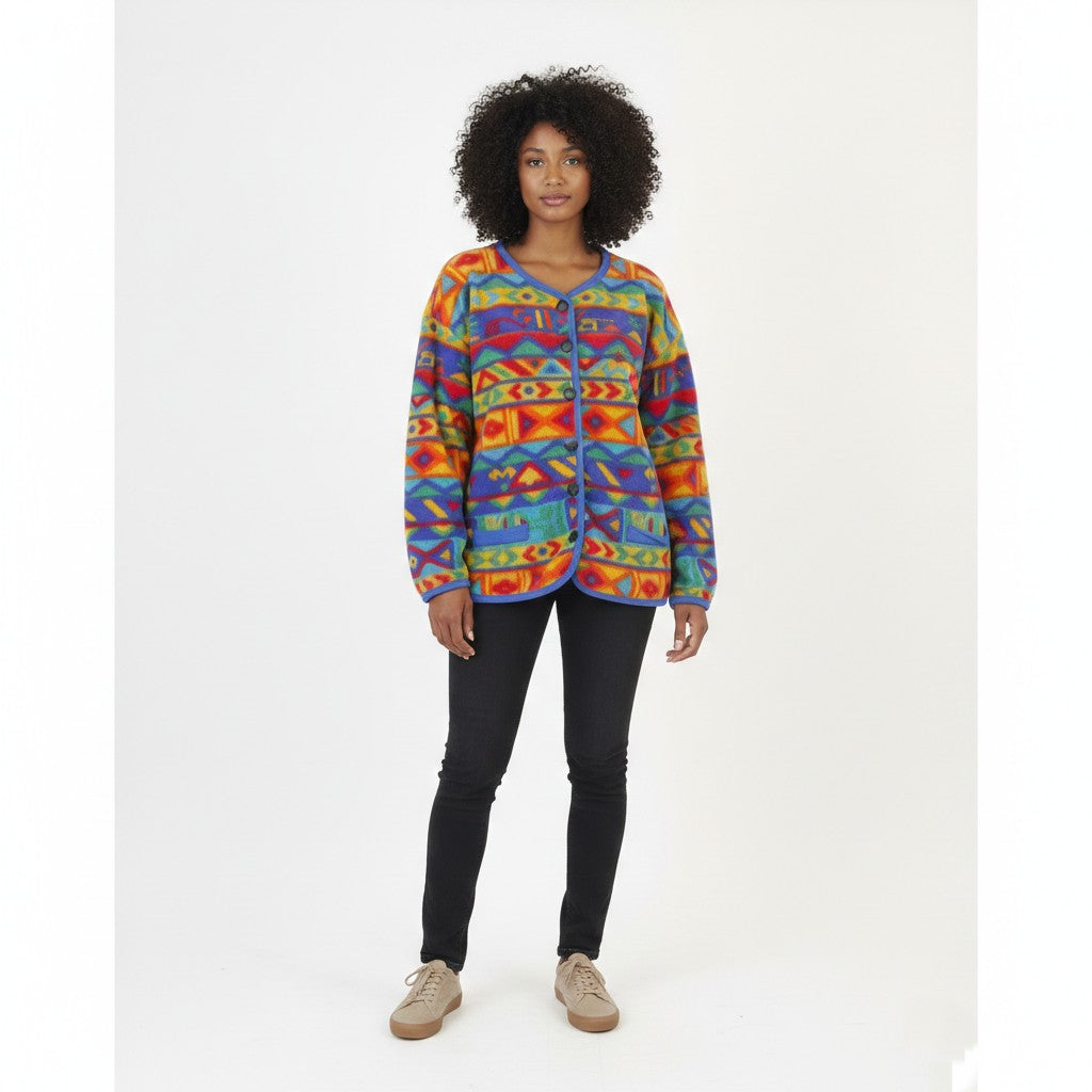 Vintage Women XL Fleece Top Multicoloured Oversize Buttoned Vintage Sweatshirt
