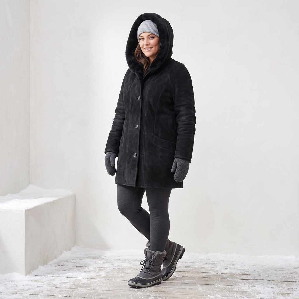 Saki Women 38 XL Coat Black Leather Hooded Acrylic Fur Lined Single Breasted Top