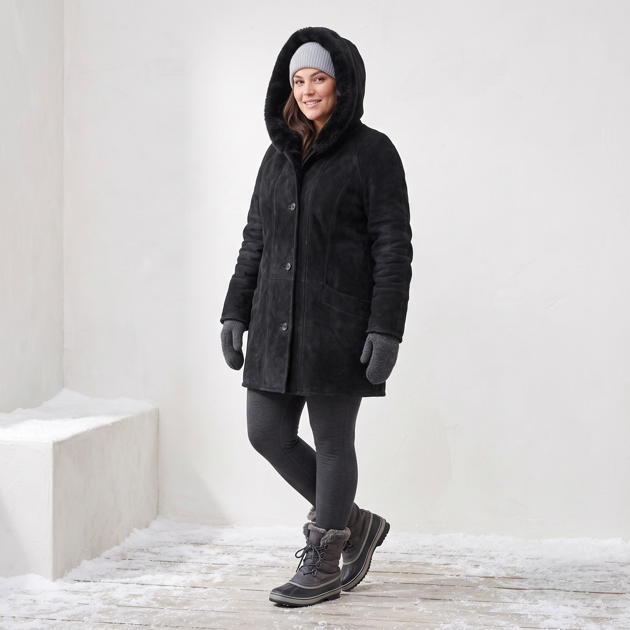Saki Women 38 XL Coat Black Leather Hooded Acrylic Fur Lined Single Breasted Top