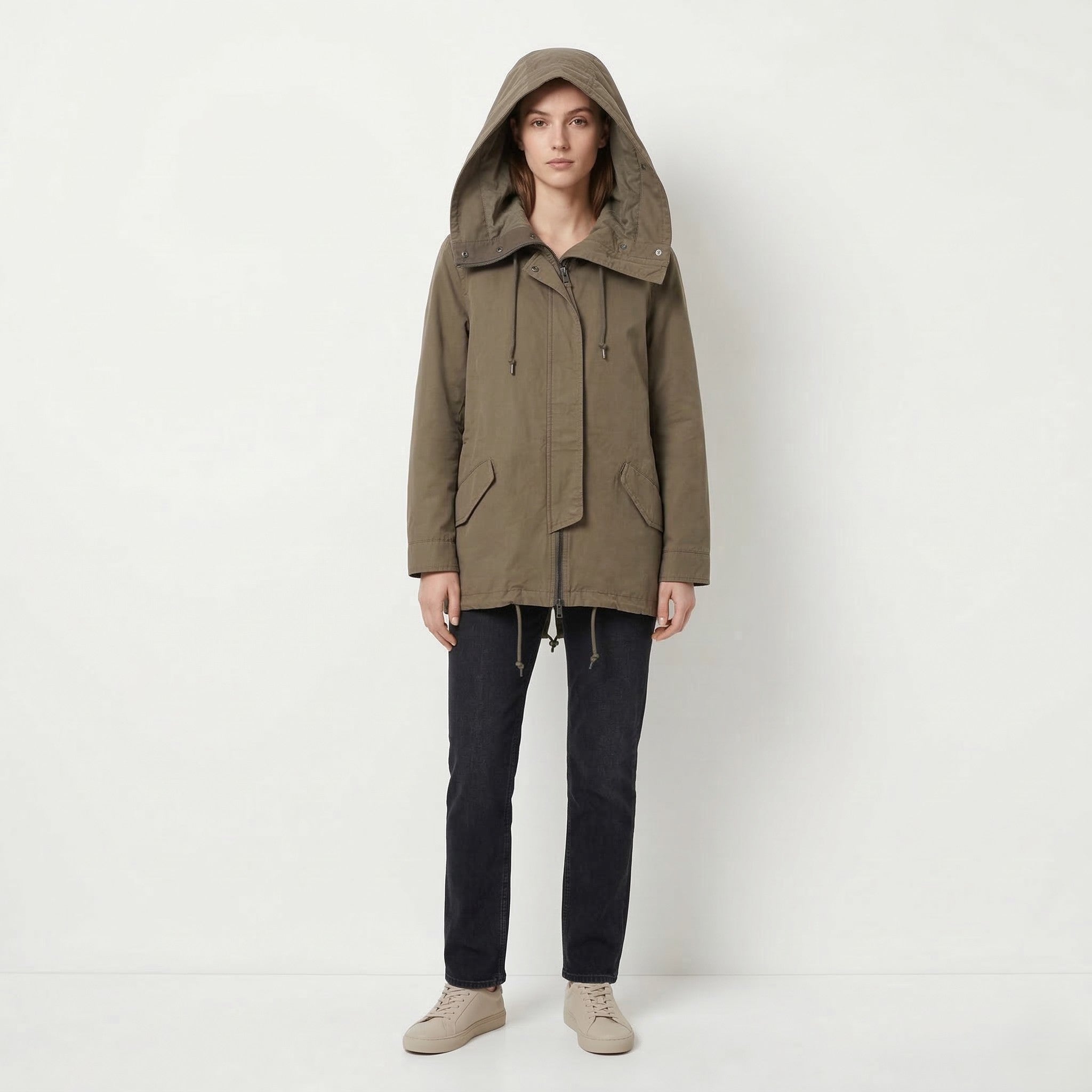 AllSaints Women 10 38 M Jacket Khaki Cotton Arton Full Zip Hooded High Collar Top