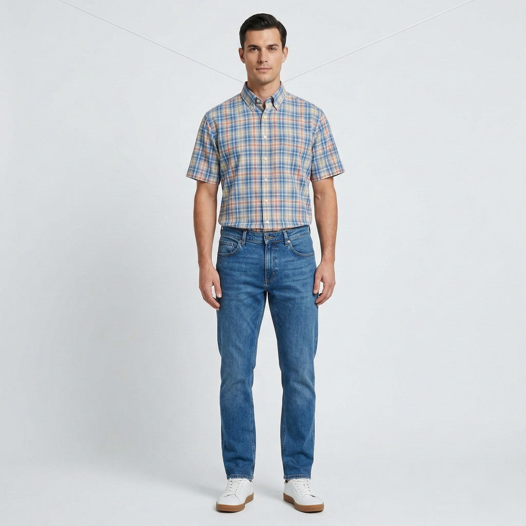 Gant Men L Casual Shirt Blue Check Key West Indigo Sport Fit Short Sleeve Top