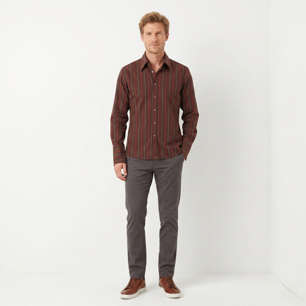 Hugo Boss Men L Casual Shirt Brown Striped Cotton Long Sleeve Cufflinks Top