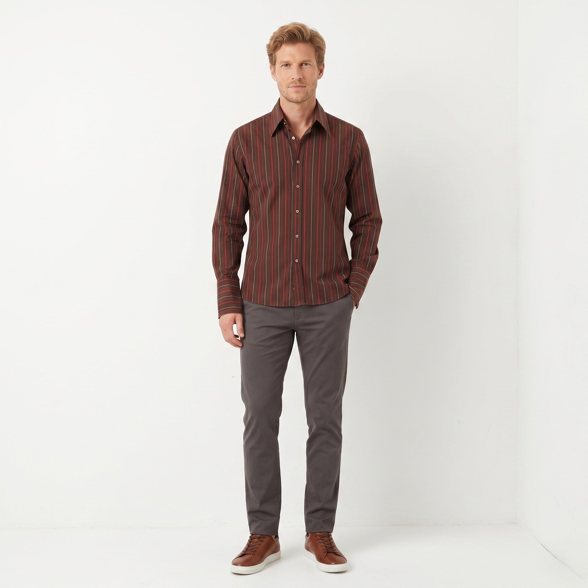 Hugo Boss Men L Casual Shirt Brown Striped Cotton Long Sleeve Cufflinks Top