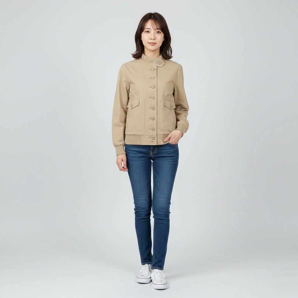 Alpha Industries Women S Jacket Beige Stand Up Collar Full Zipper Cotton Top