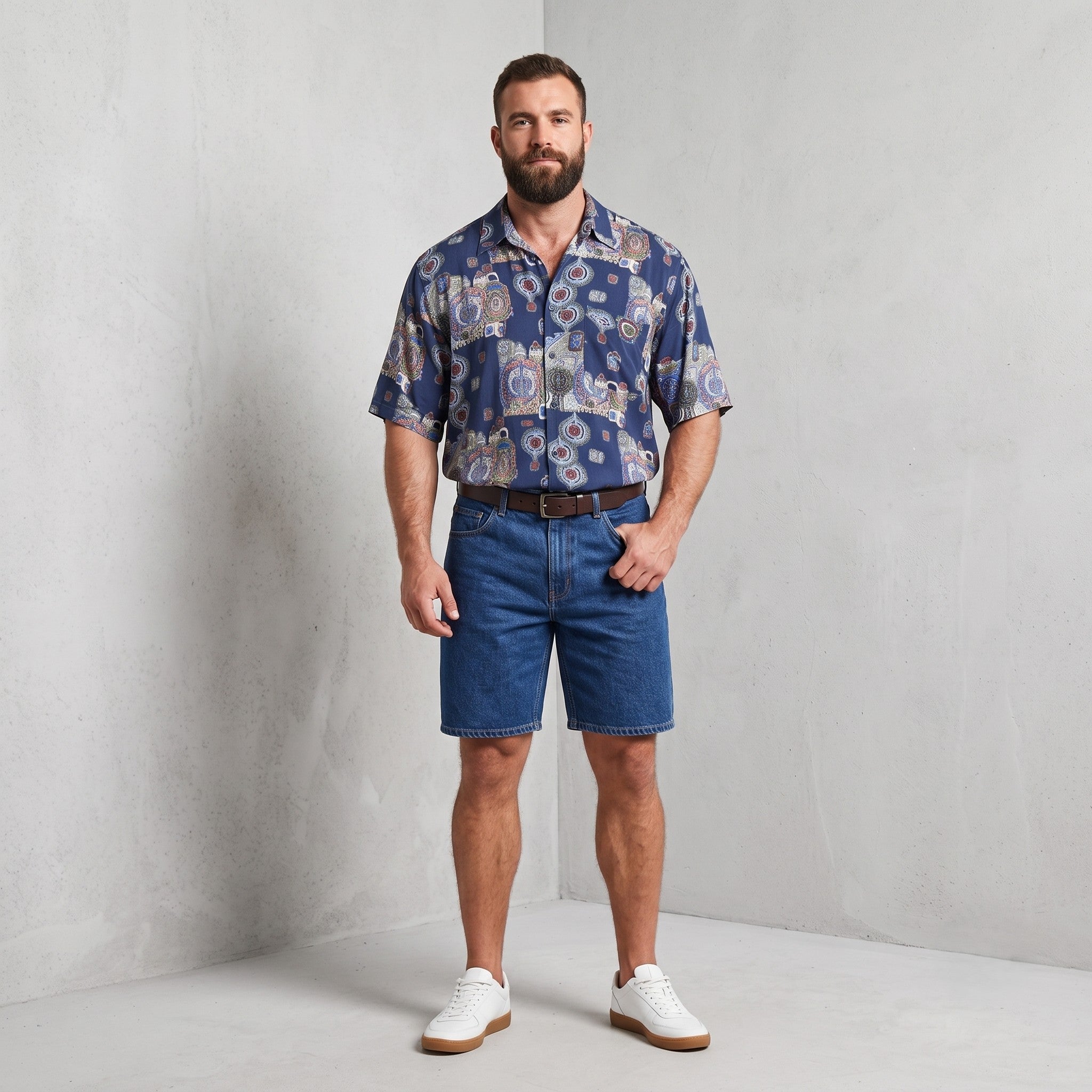 Vintage Men 42 176/182 L Casual Shirt Navy Short Sleeve Abstract Print Retro Top