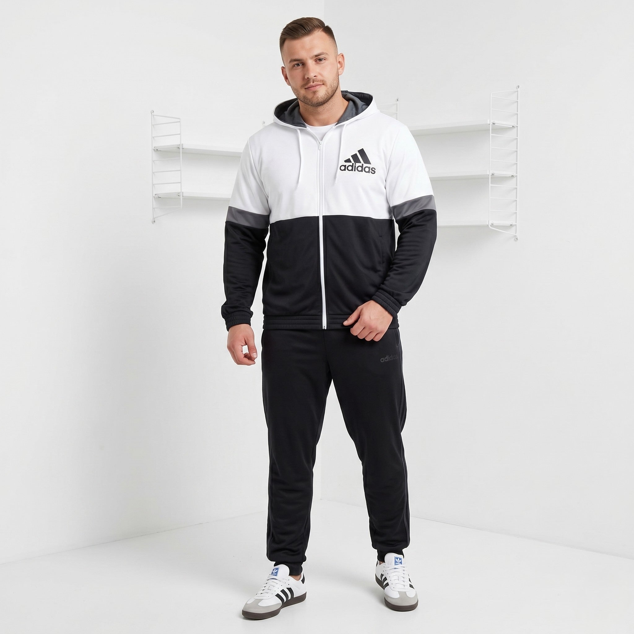 Adidas Men XL Sweatshirt White Shiny Hooded Zip Up Activewear Track Top
