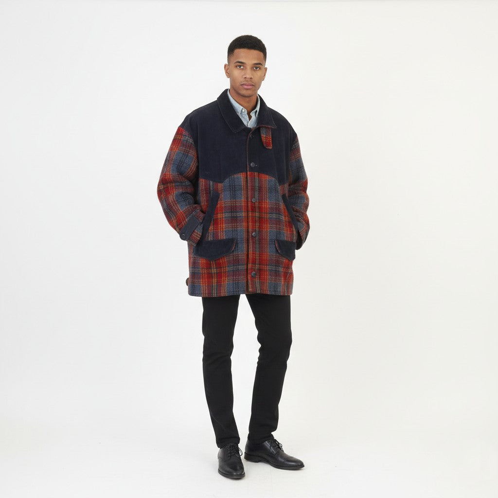 Vintage Men L Jacket Wool Checkered Navy Blue Bottoms Padded Collar Long Sleeve Pockets Top