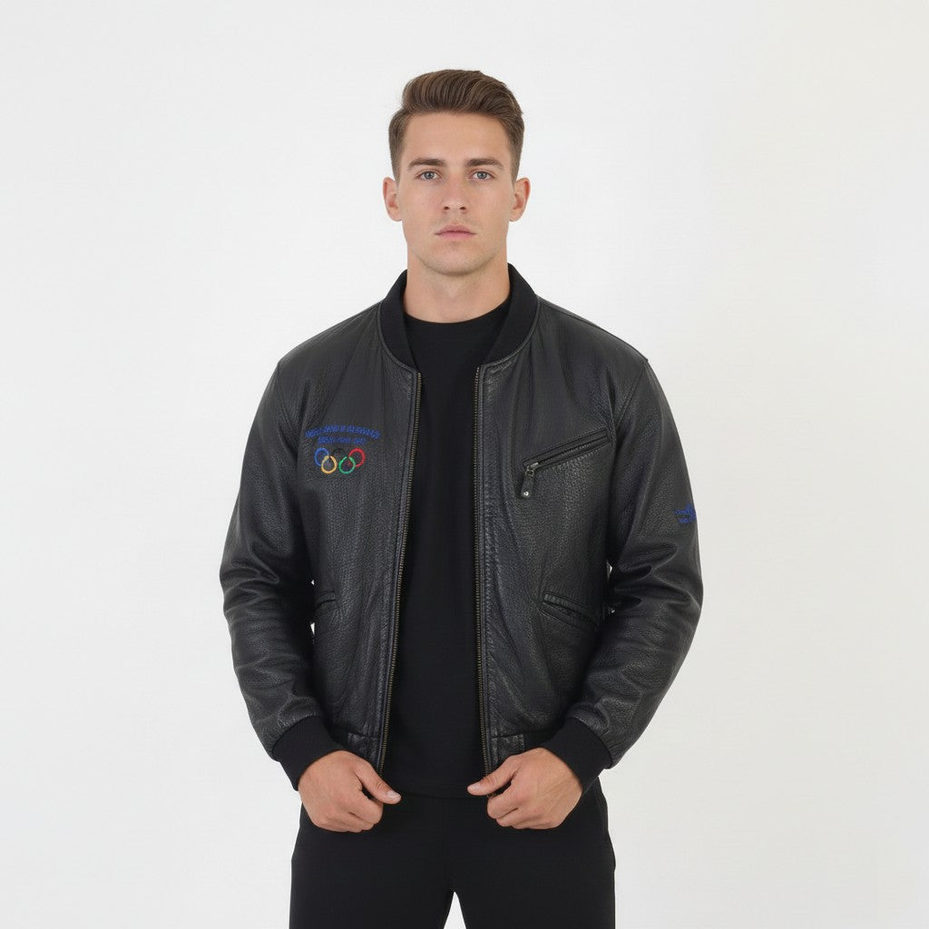 Adidas Men L 192 Leather Jacket Black Olympic Collection 1932 Los Angeles Vintage Top
