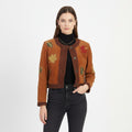 C&A Yessica Women 10 36 S Leather Jacket Shoulder Pads Suede Leaves Brown Vintage Bottoms Nature Print Top
