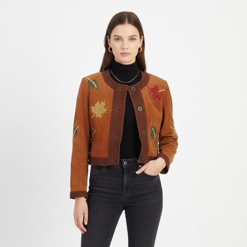 C&A Yessica Women 10 36 S Leather Jacket Shoulder Pads Suede Leaves Brown Vintage Bottoms Nature Print Top