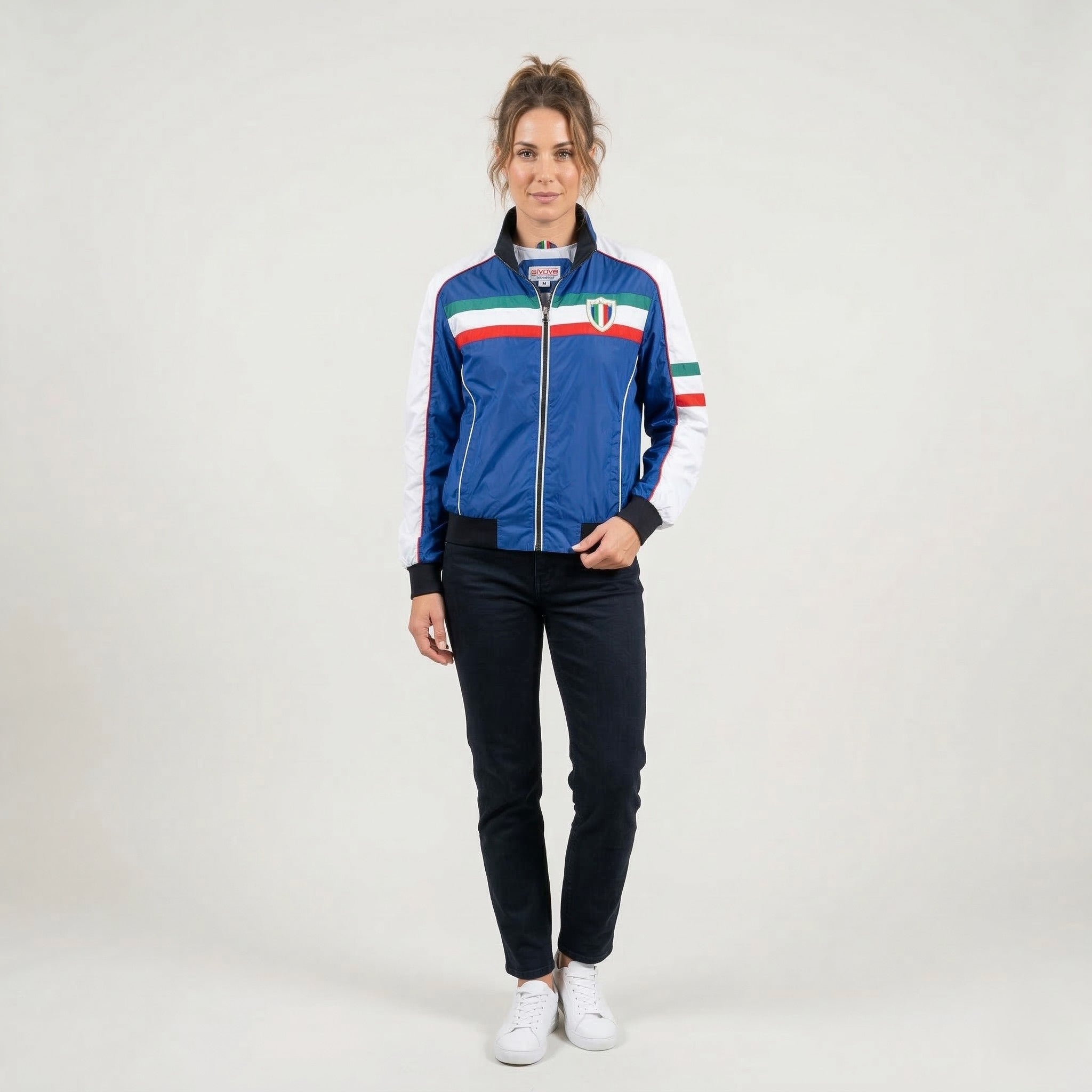 OVER-D Development Women L Jacket Navy Shiny Full Zipper Made in Italy Top
