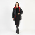 Vintage Women L Leather Jacket Black Red Hood Shoulder Pads Retro Style Parka