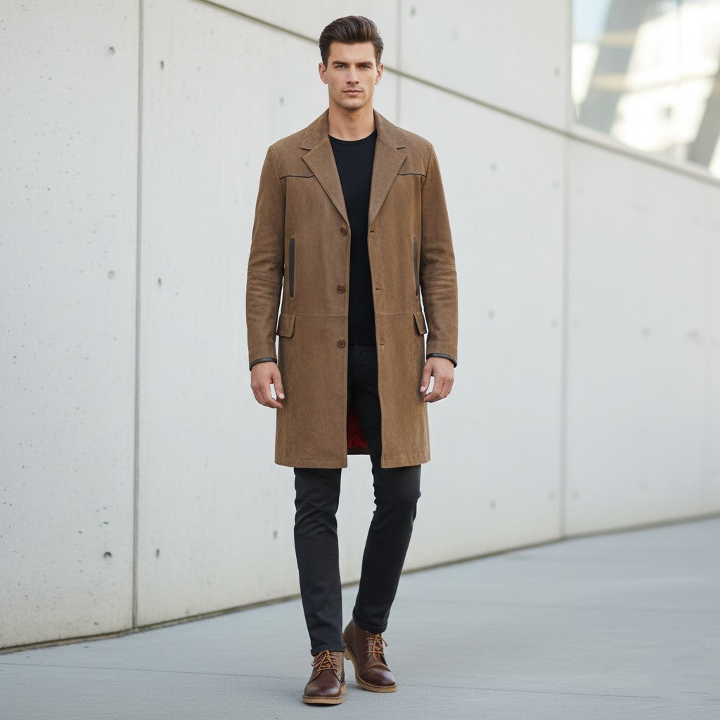 JC Collection Men 54 44 L Coat Brown Leather Retro Single Breasted Lined Top