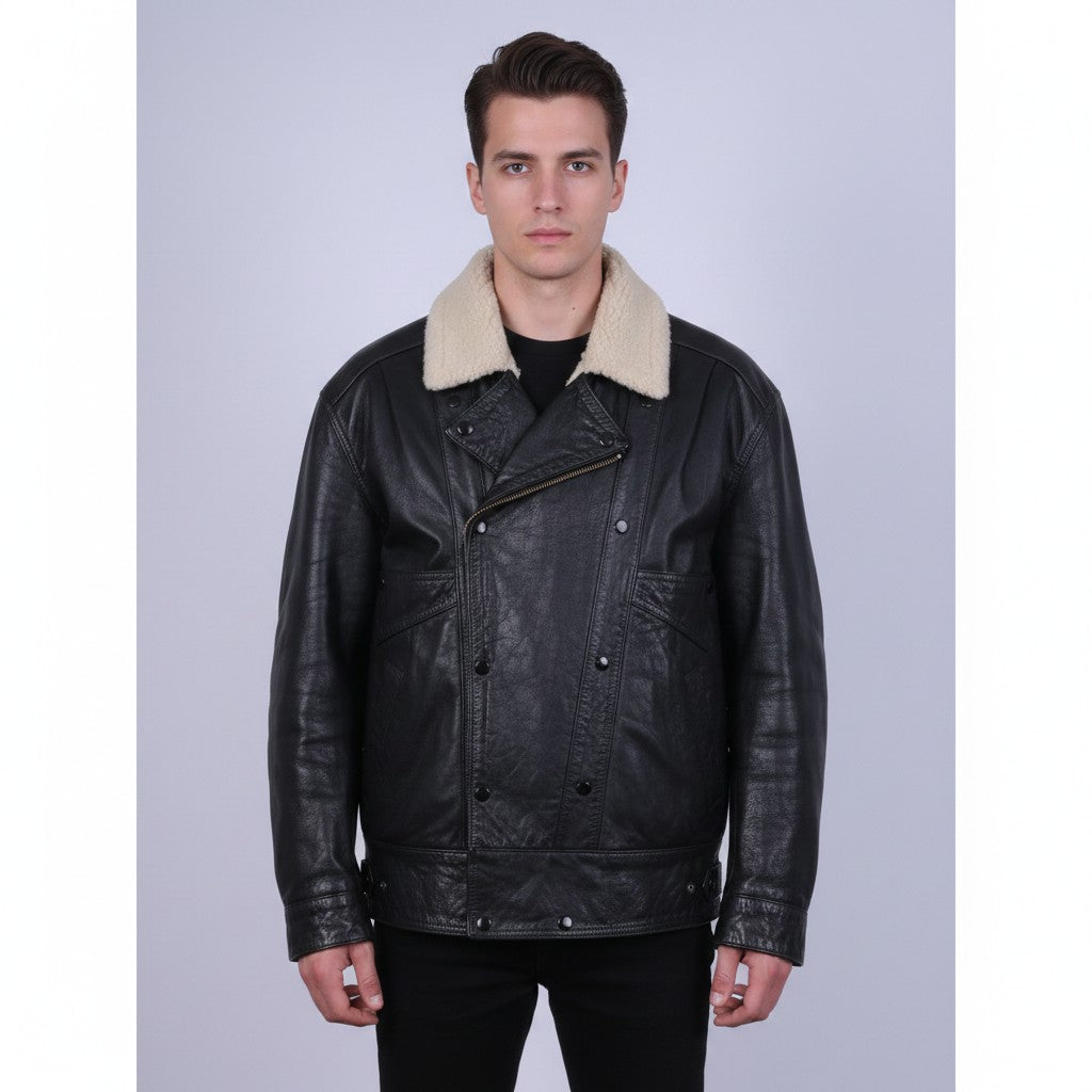 Vintage Men L Jacket Black Vintage Bomber Leather Sherling Lined Snaps Biker Top