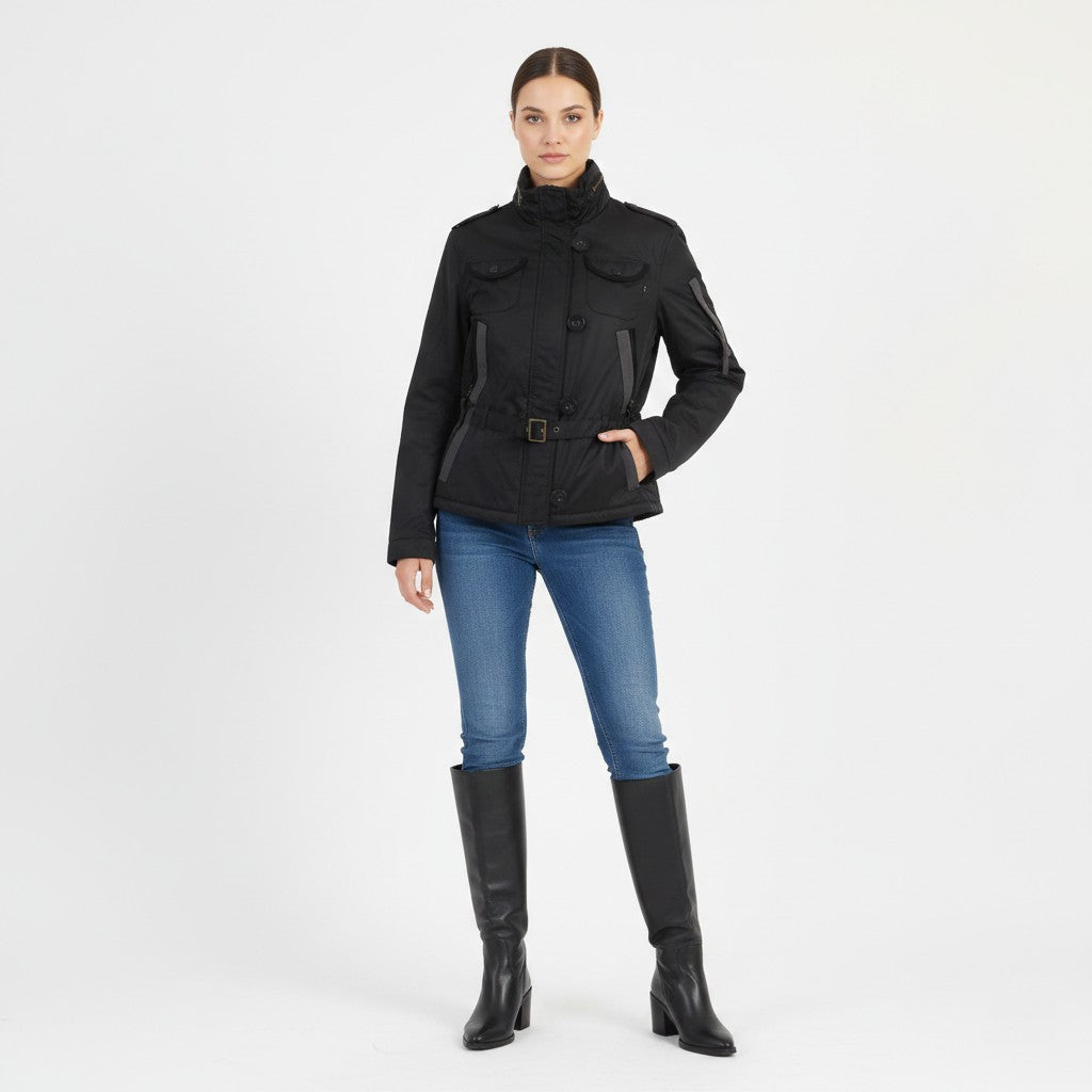 Alpha Industries Women M Jacket Black Biker Nylon Waterproof Padded Hidden Hood Top