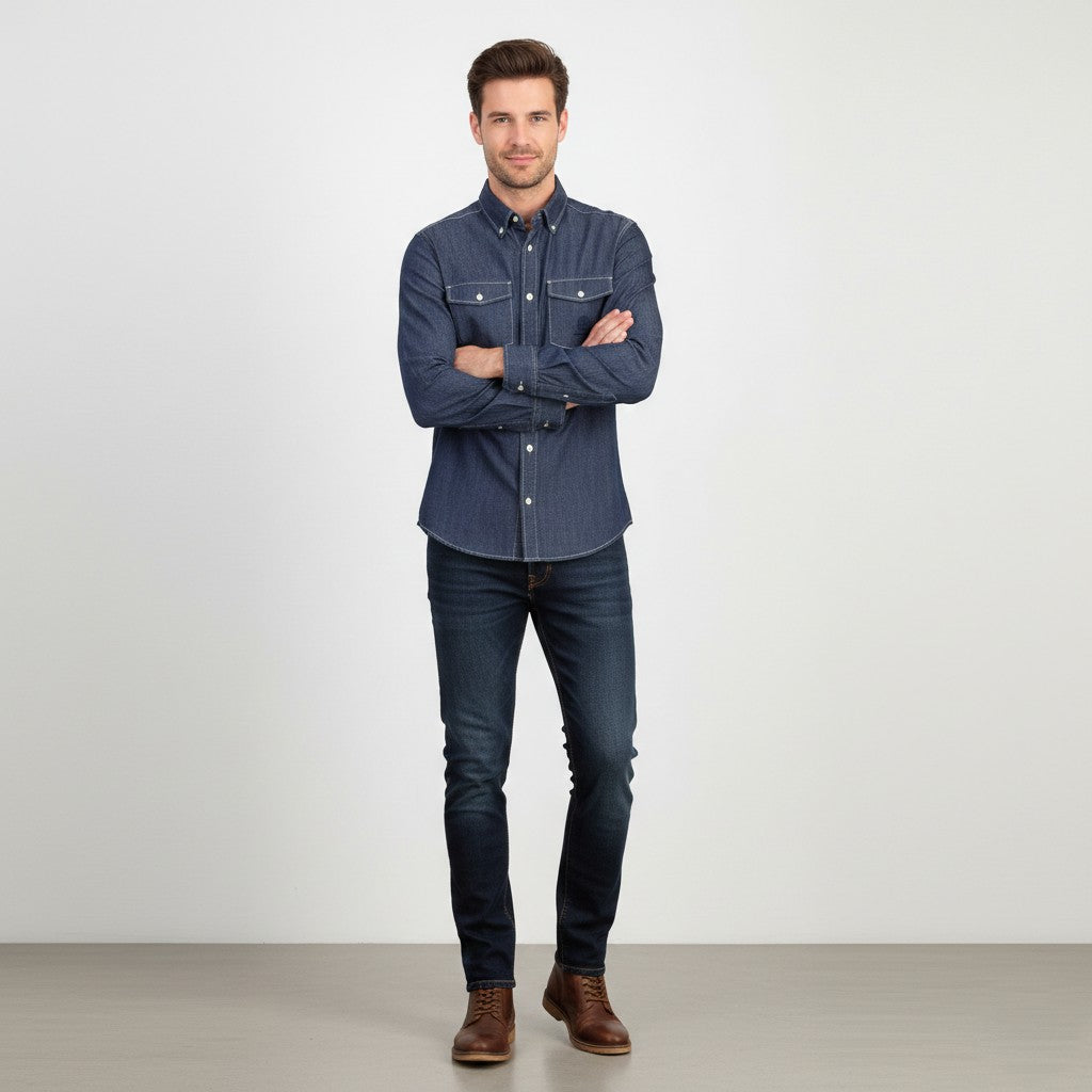 Bogner Jeans Men M Casual Shirt Navy Denim Cortton Pockets Long Sleeve Top