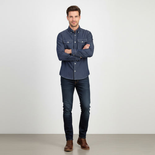 Bogner Jeans Men M Casual Shirt Navy Denim Cortton Pockets Long Sleeve Top