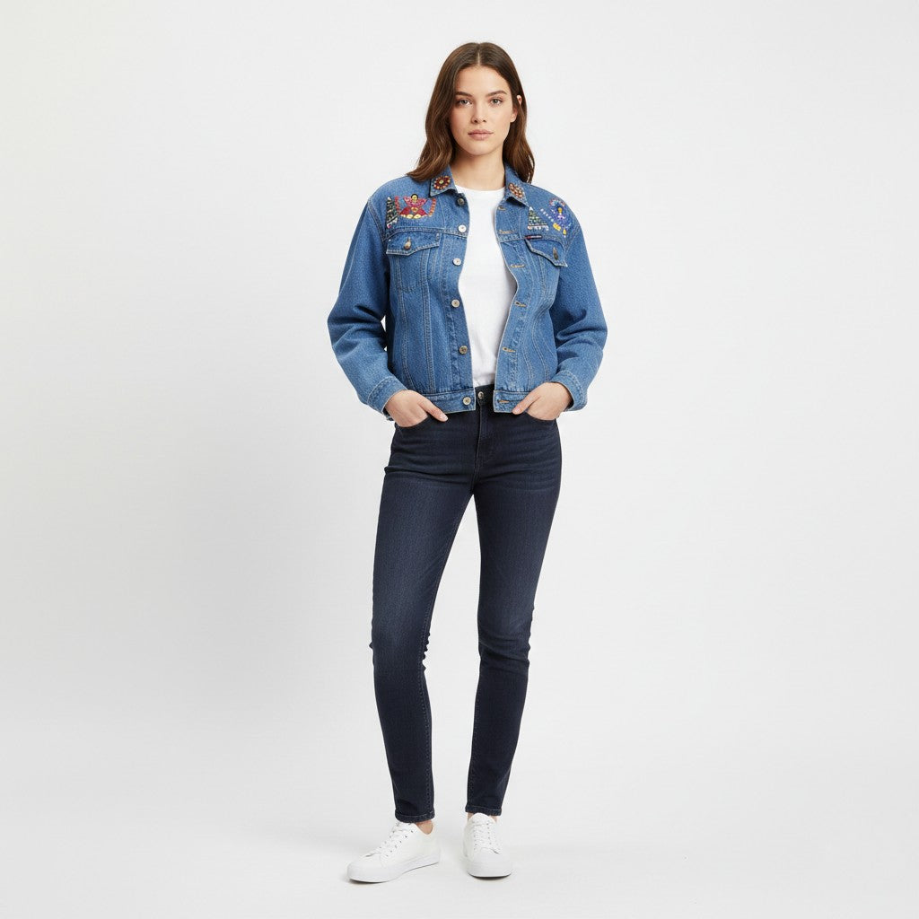 The Blue Log Jeans Women L Denim Jacket Indian Cotton Emroidered Boho Top