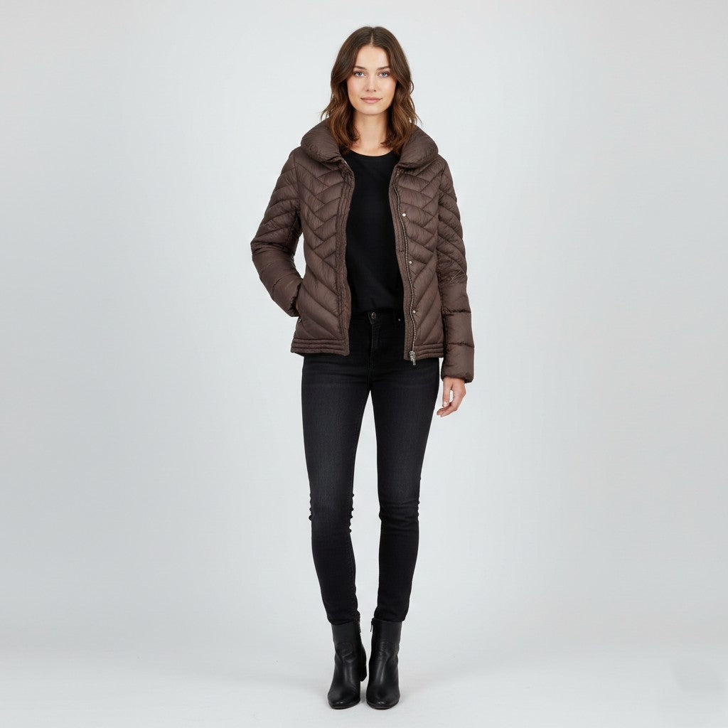 Emporio Armani Woman M Jacket Brown Shiny Nylon Waterproof Full Zipper Top