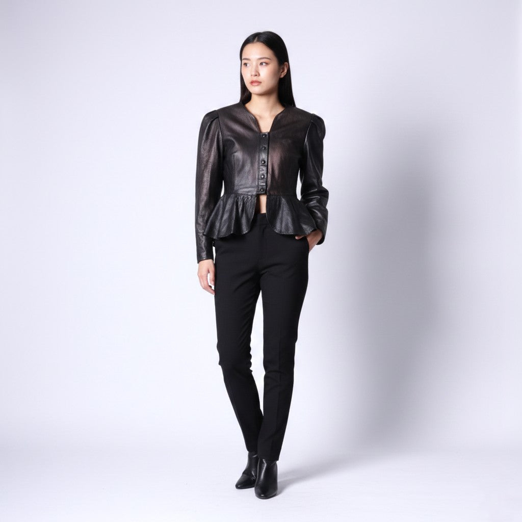Star Collection Women 38 S Jacket Black Gold Leather Snaps Lace Shoulder Pads Top